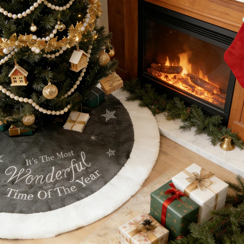 yuboo Gray Christmas Tree Skirt, 36" Faux Fur Pencil Tree Skirt Rug with White Embroidered Snowflakes for 5-6 ft Christmas Tree for Grey Christmas Decorations - Image 2
